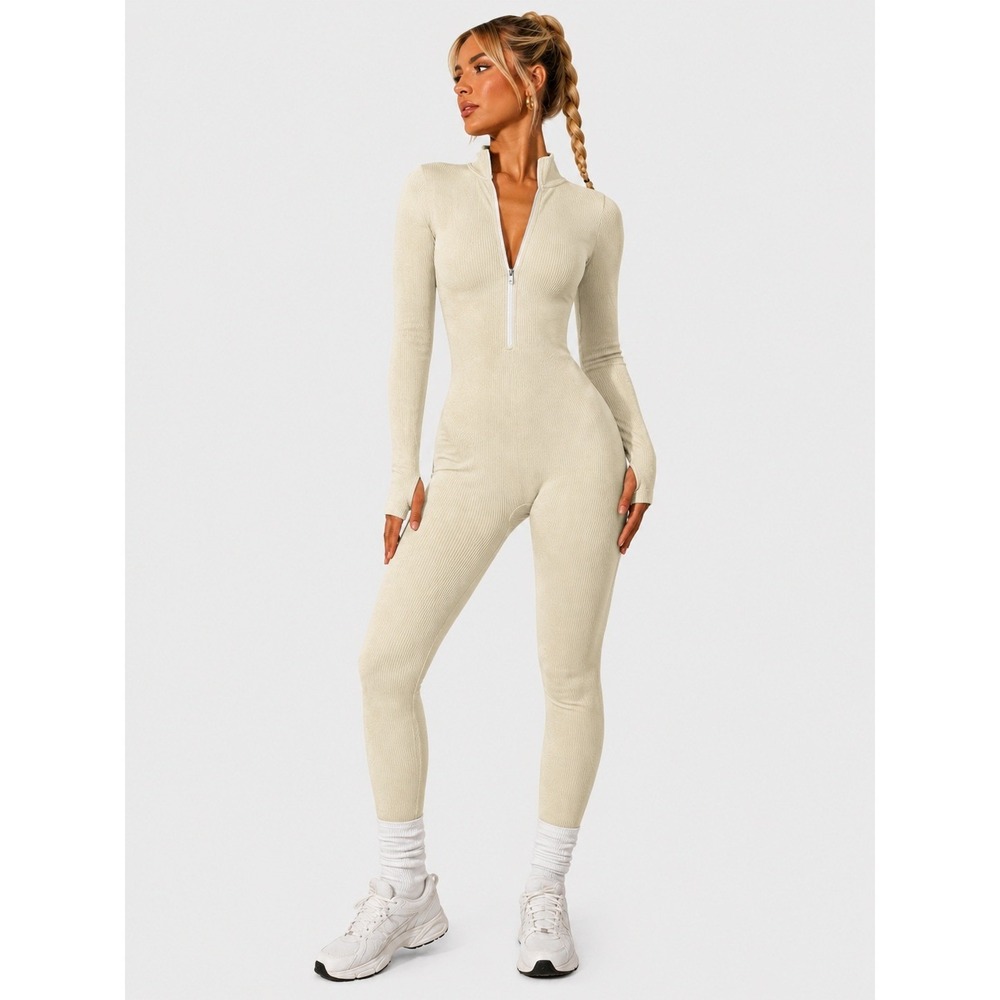 OQQ Ribbed Long Sleeve Sports Jumpsuit Cream Half Zip Yoga Romper Size M